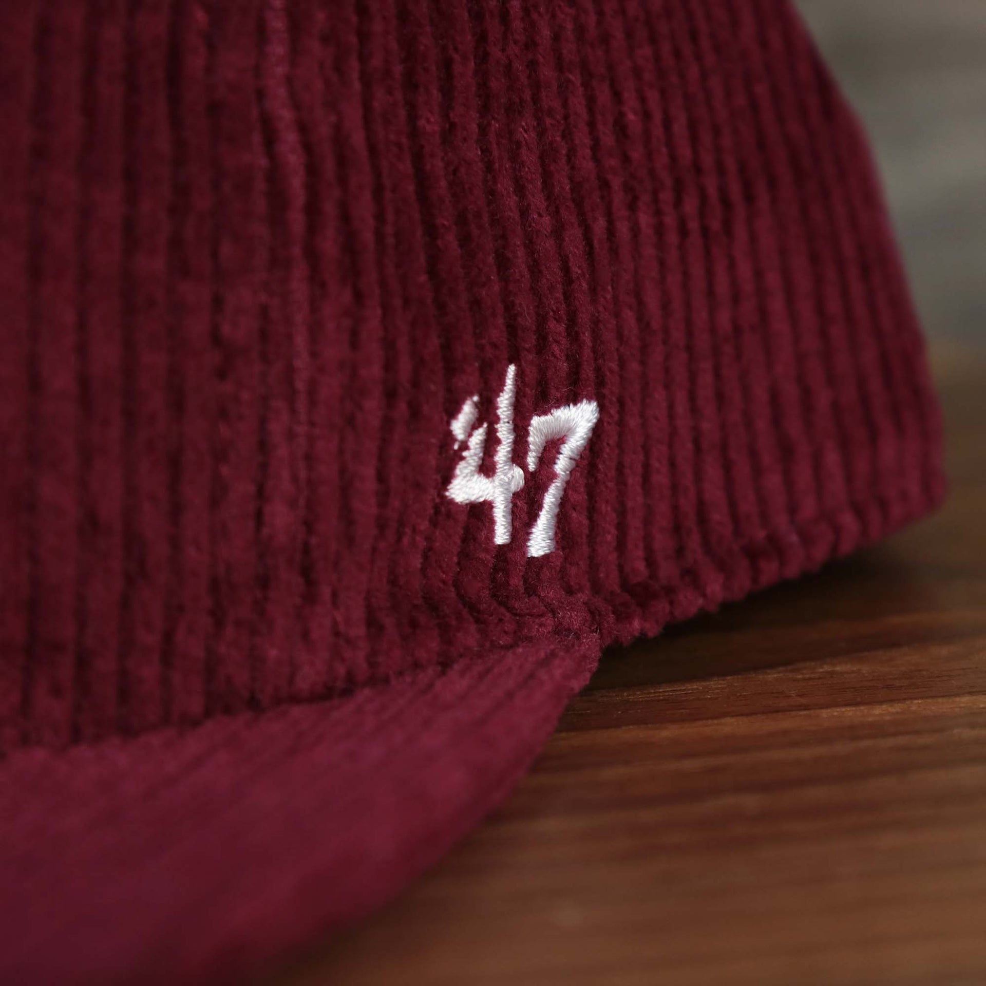 The 47 Brand logo on the Corduroy Philadelphia Phillies Cooperstown Snapback | 47 Brand Dark Maroon