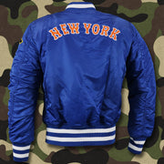 The backside of the New York Mets MLB Patch Alpha Industries Reversible Bomber Jacket With Camo Liner | Royal Blue Bomber Jacket