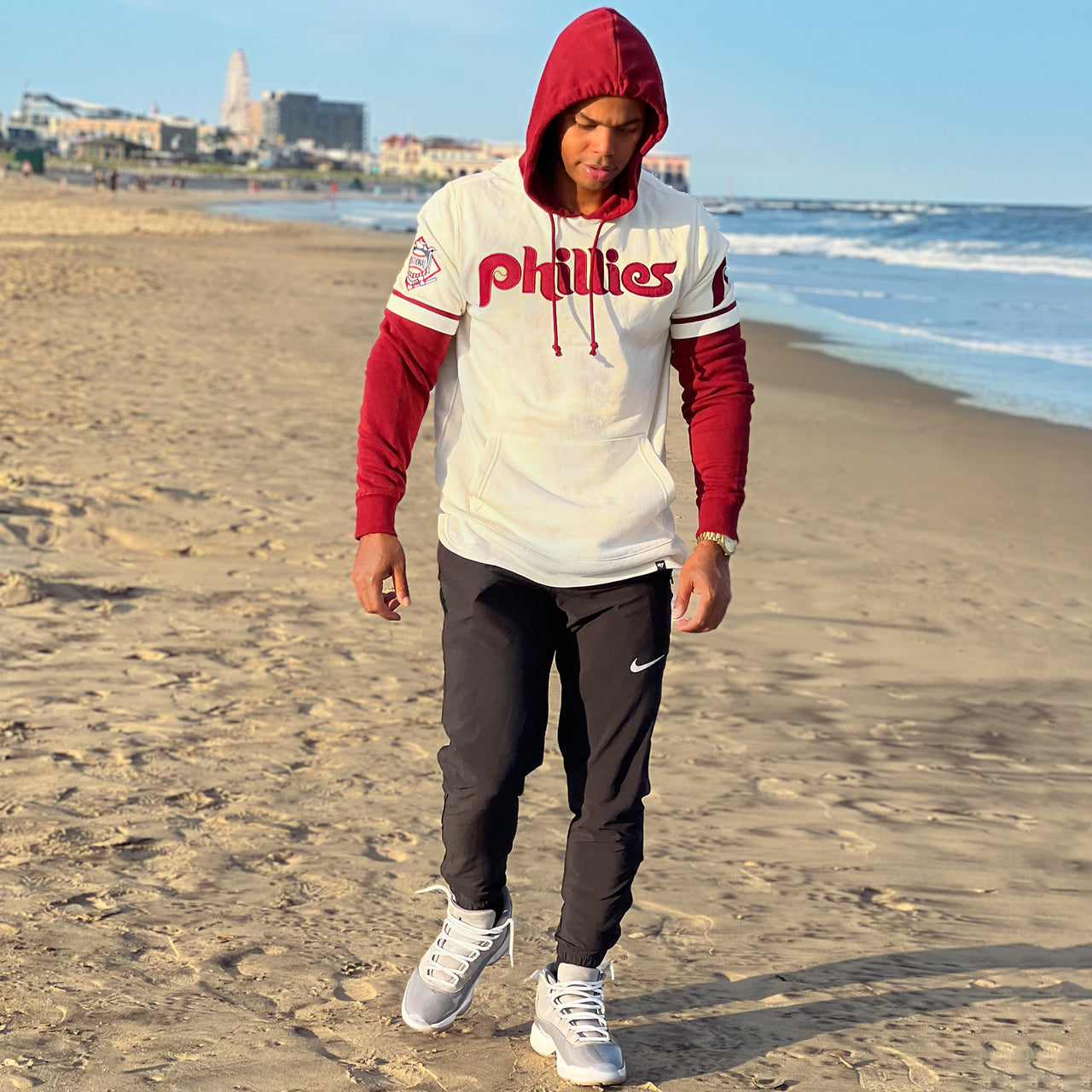 The Cooperstown Philadelphia Phillies Wordmark Retro Phillies Colorway Trifecta Shortstop Layered Hoodie With MLB Side Patch | Cream And Maroon Pullover Hoodie