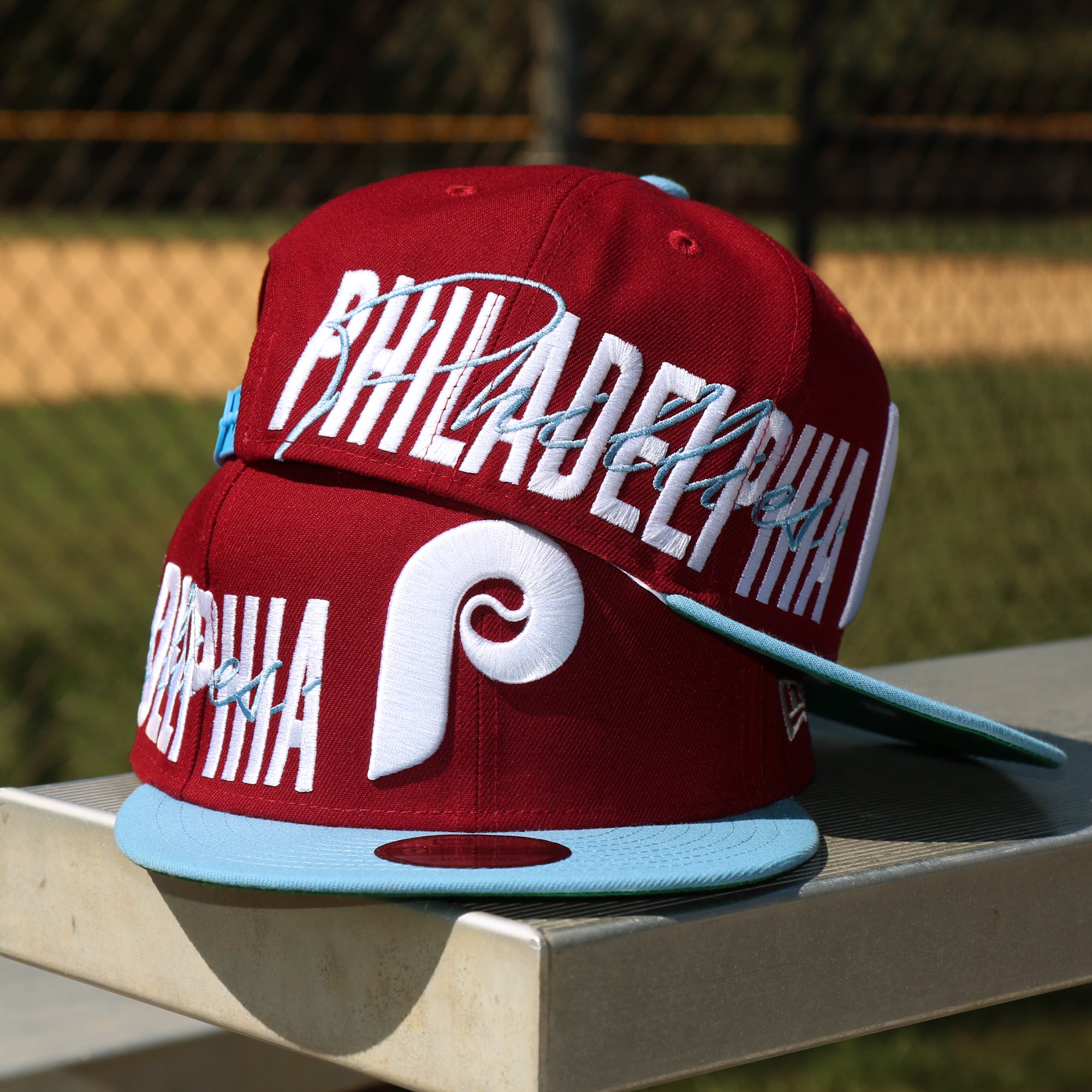 Philadelphia Phillies New Era Team Split 9FIFTY Snapback Hat - Burgundy/Light  Blue