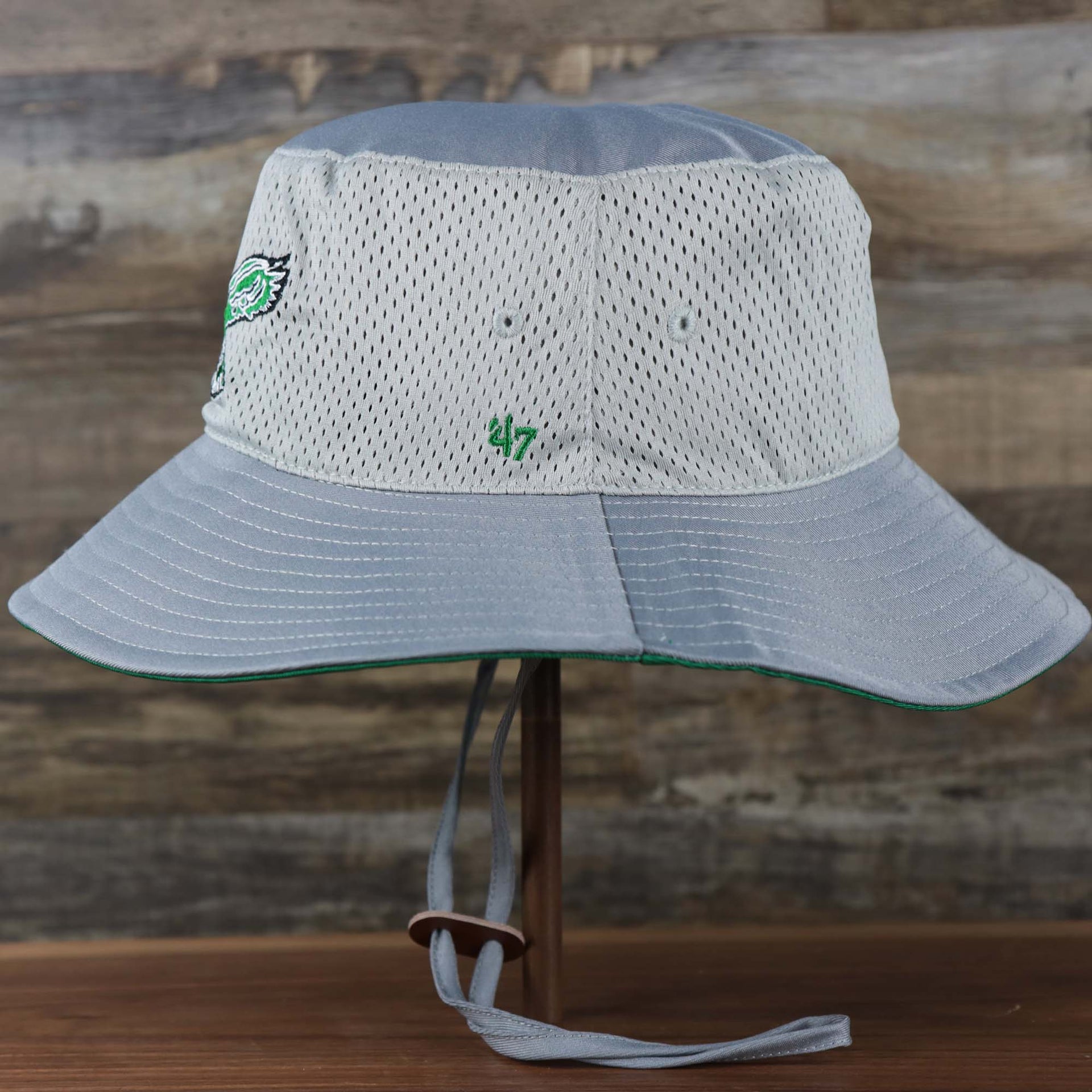 The wearer's left on the Throwback Philadelphia Eagles Panama Pail Bucket Hat | 47 Brand, Gray