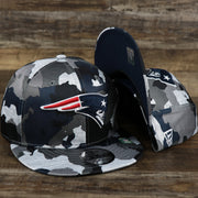 The New England Patriots NFL OnField Summer Training 2022 Camo 9Fifty Snapback | Navy Blue Camo 9Fifty