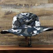 The wearer's right on the New England Patriots NFL Summer Training Camp 2022 Camo Bucket Hat | Navy Bucket Hat