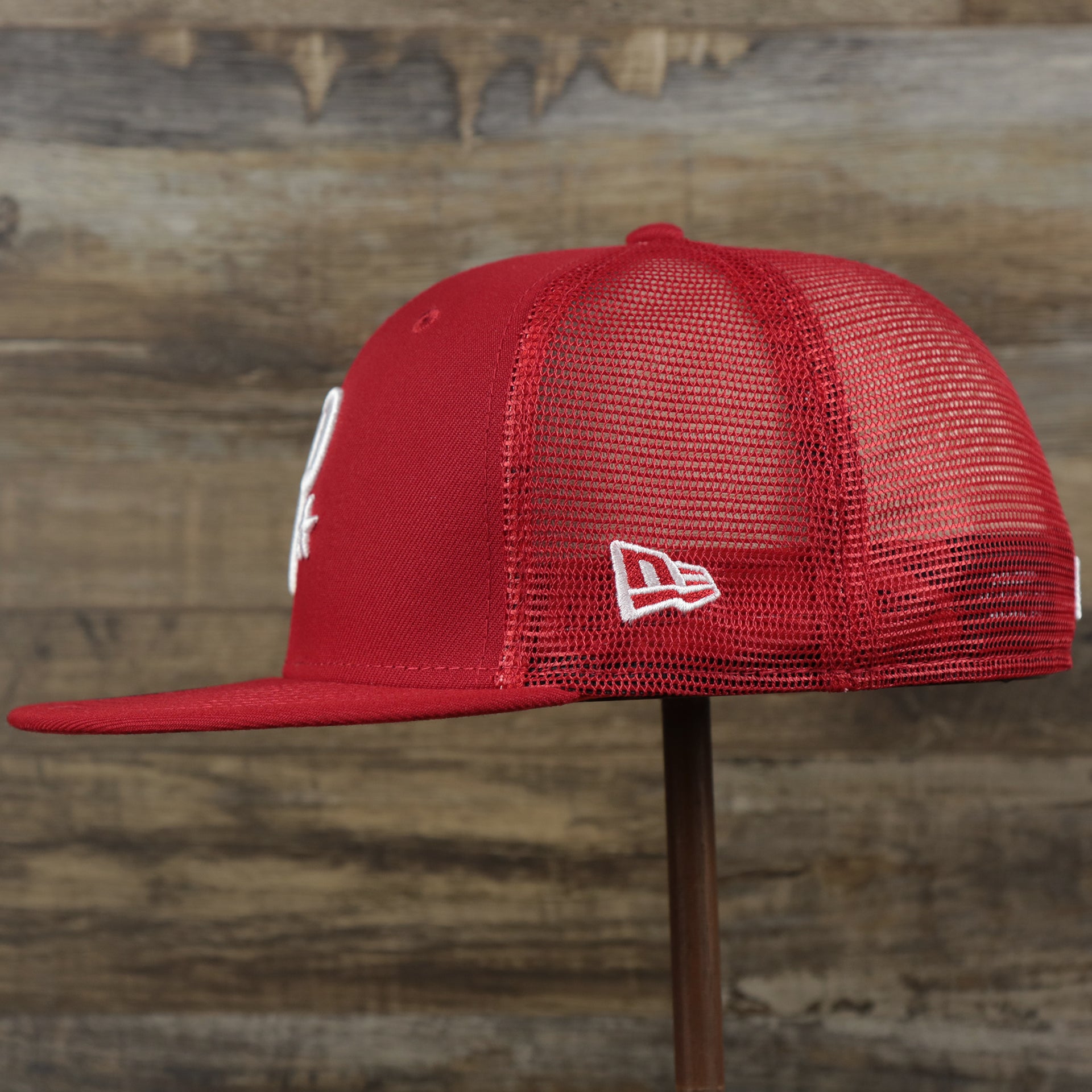 The wearer's left on the Philadelphia Phillies Metallic All Star Game MLB 2022 Side Patch 59Fifty Mesh Fitted Cap | ASG 2022 Red 59Fifty Cap