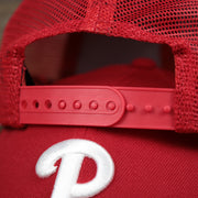 The Red Adjustable Strap on the Philadelphia Phillies Metallic All Star Game MLB 2022 Side Patch 9Forty Mesh Trucker | ASG 2022 Red Trucker Hat