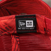 The New Era Tag on the Philadelphia Phillies Metallic All Star Game MLB 2022 Side Patch 9Forty Mesh Trucker | ASG 2022 Red Trucker Hat