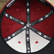 new era taping on the Philadelphia Phillies 2019 Logo Black Bottom | Maroon 59Fifty Fitted Cap