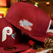 1980 world series patch on the Philadelphia Phillies Heart Patch 1980 World Series Icy Blue Bottom Brim Fitted | Phillies Maroon Icy Blue Underbrim Side Patch 59Fifty Hat