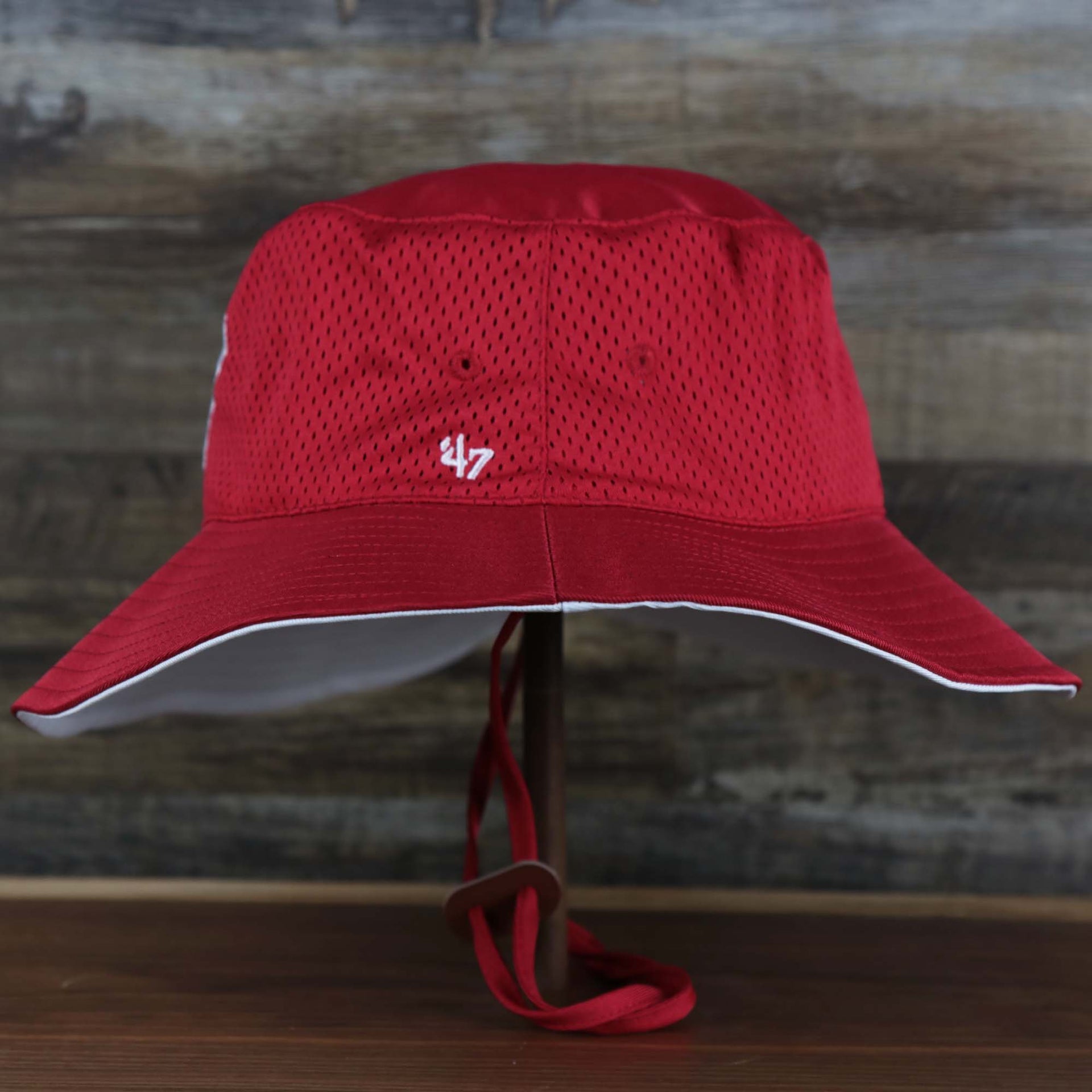The wearer's left of the Philadelphia Phillies Panama Pail Fightin Phils Bucket Hat | 47 Brand, Red