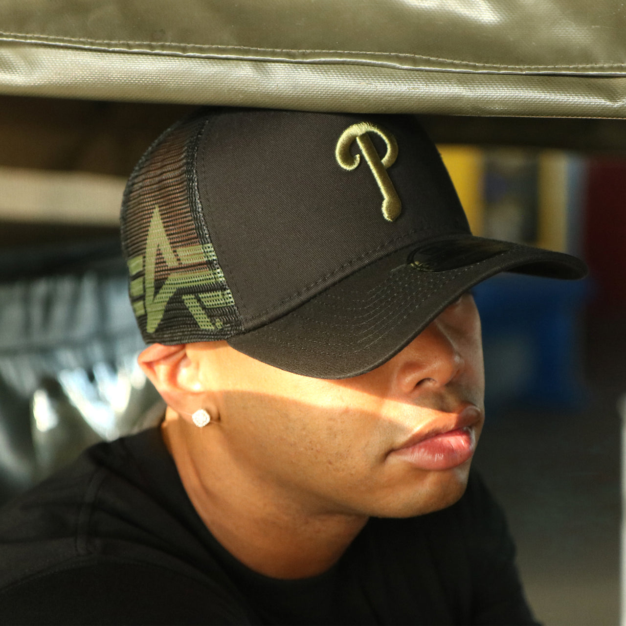 The Philadelphia Phillies Alpha Industries Flying A Mesh Print 9Forty Trucker Hat With Flight Tag | Black Trucker Hat