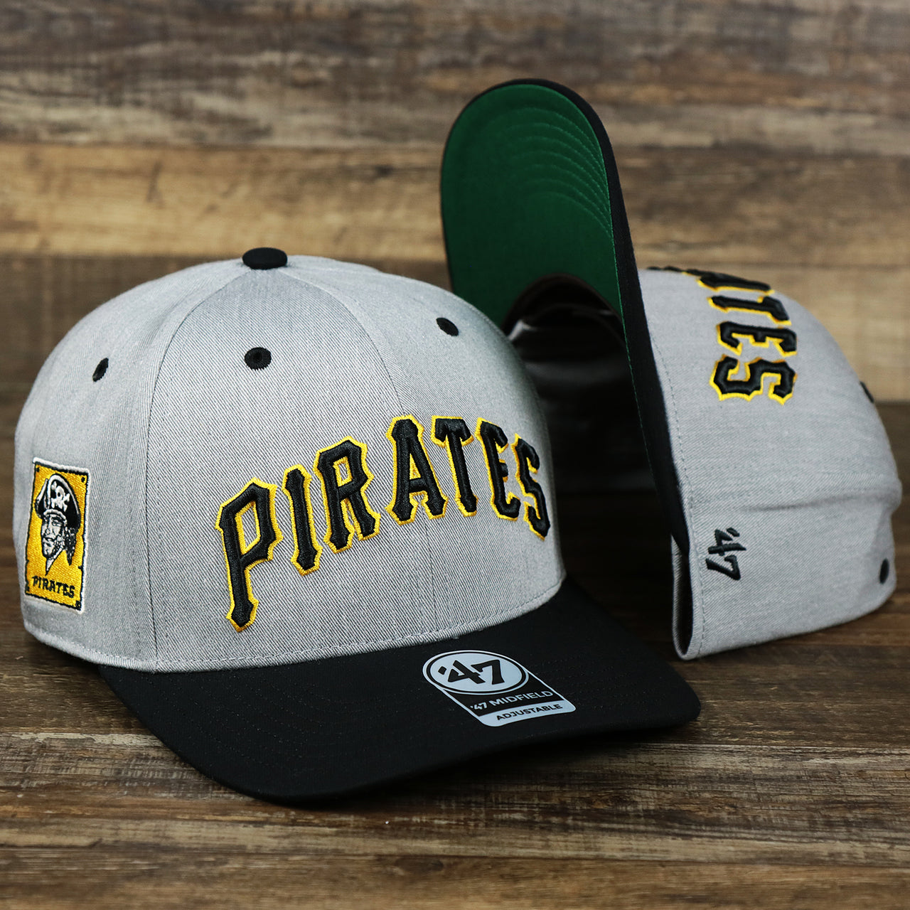 The Cooperstown Pittsburgh Pirates Wordmark Green Bottom 1980s Logo Pirates Side Patch Dad Hat | Gray Dad Hat