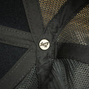 The Legacy Engraved Button on the OCNJ Ocean City 1879 Sunset Wave Logo Mesh Stretch FIt Hat | Dark Green And Dark Grey Stretch Fit Hat