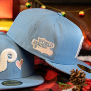 1980 world series on the Philadelphia Phillies Heart Patch 1980 World Series Pink Bottom Brim Icy Blue Fitted Cap | Phillies Side Patch 59Fifty Fitted Cap