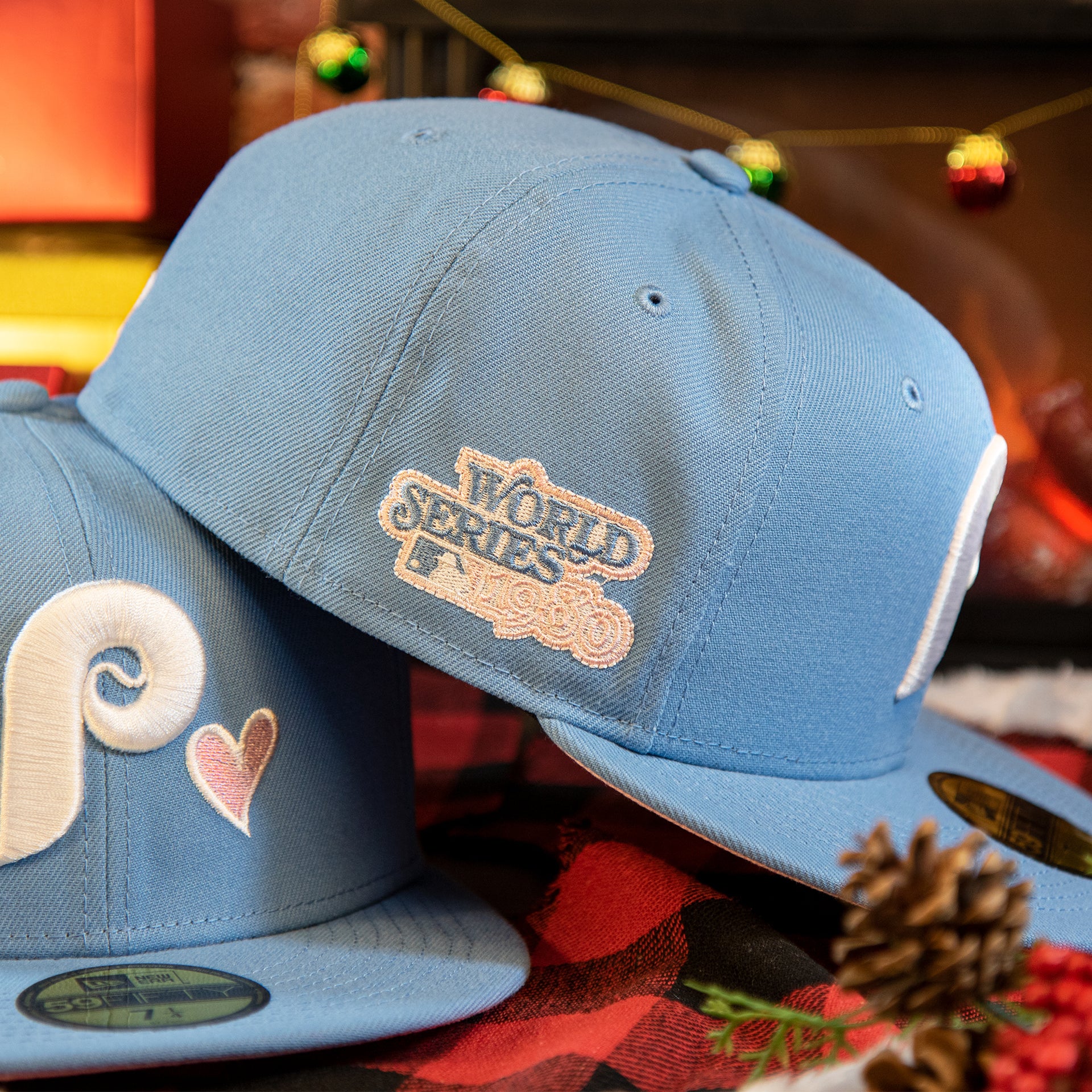1980 world series on the Philadelphia Phillies Heart Patch 1980 World Series Pink Bottom Brim Icy Blue Fitted Cap | Phillies Side Patch 59Fifty Fitted Cap