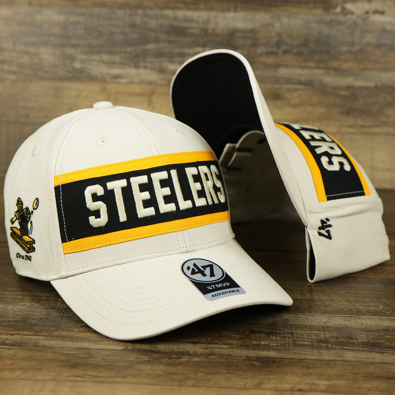 The Throwback Pittsburgh Steelers Striped Wordmark Legacy Steelers Side Patch Crossroad Dad Hat | Bone Dad Hat