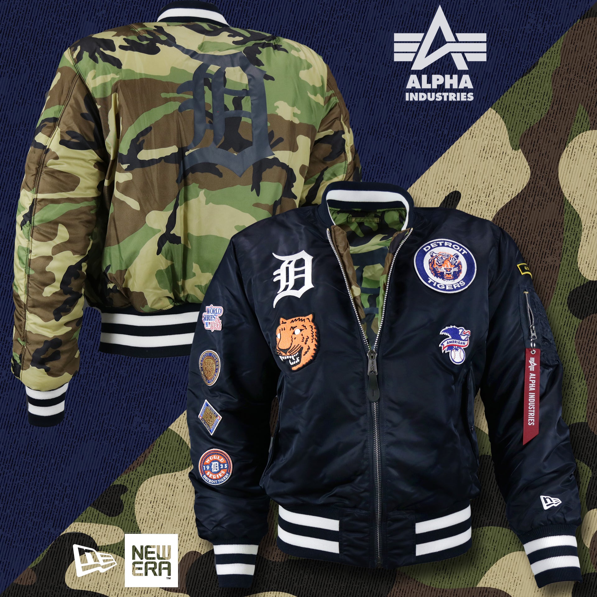 The Detroit Tigers MLB Patch Alpha Industries Reversible Bomber Jacket With Camo Liner | Navy Blue Bomber Jacket