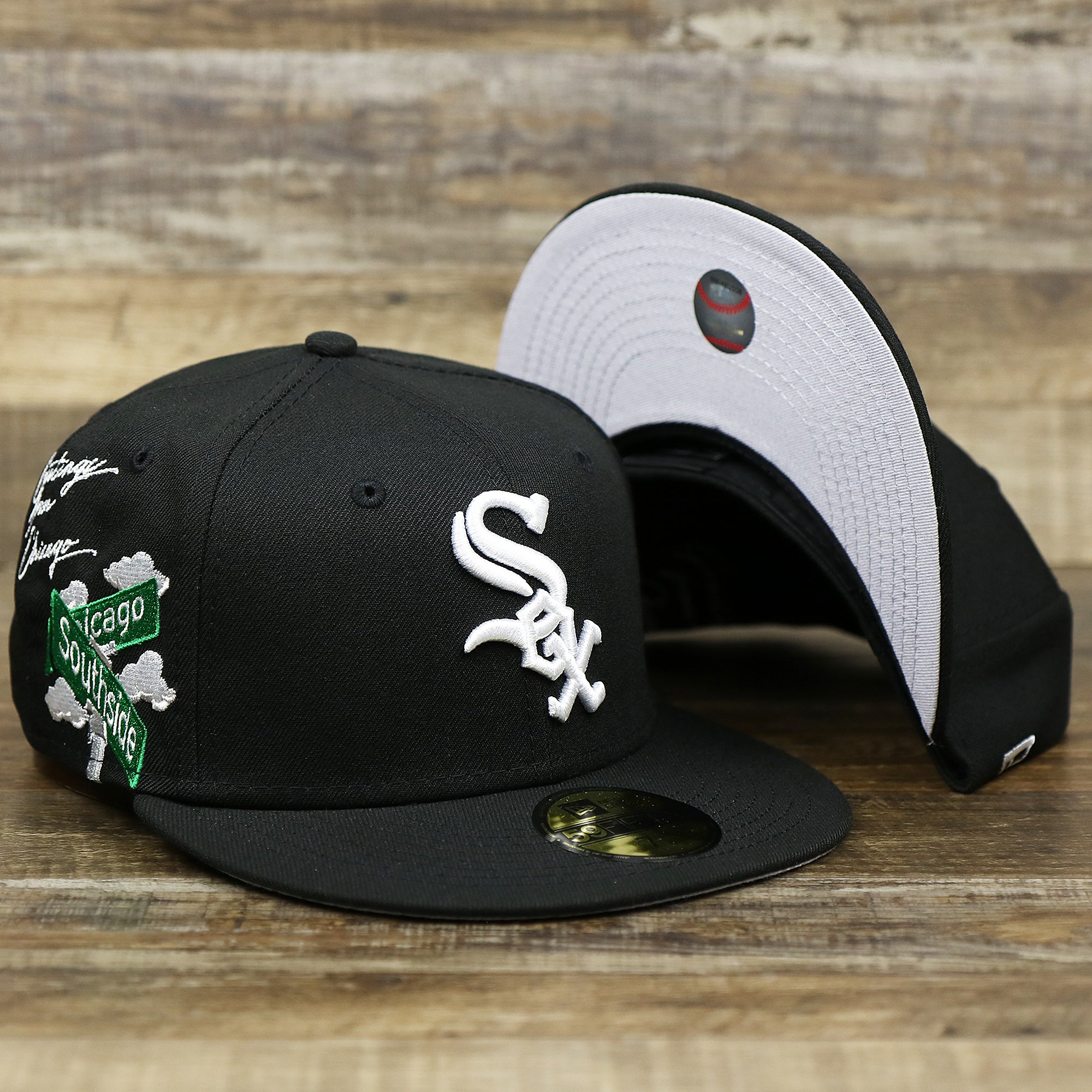 Southside White Sox. New Era 59FIFTY Graphite & Black Hat Silver
