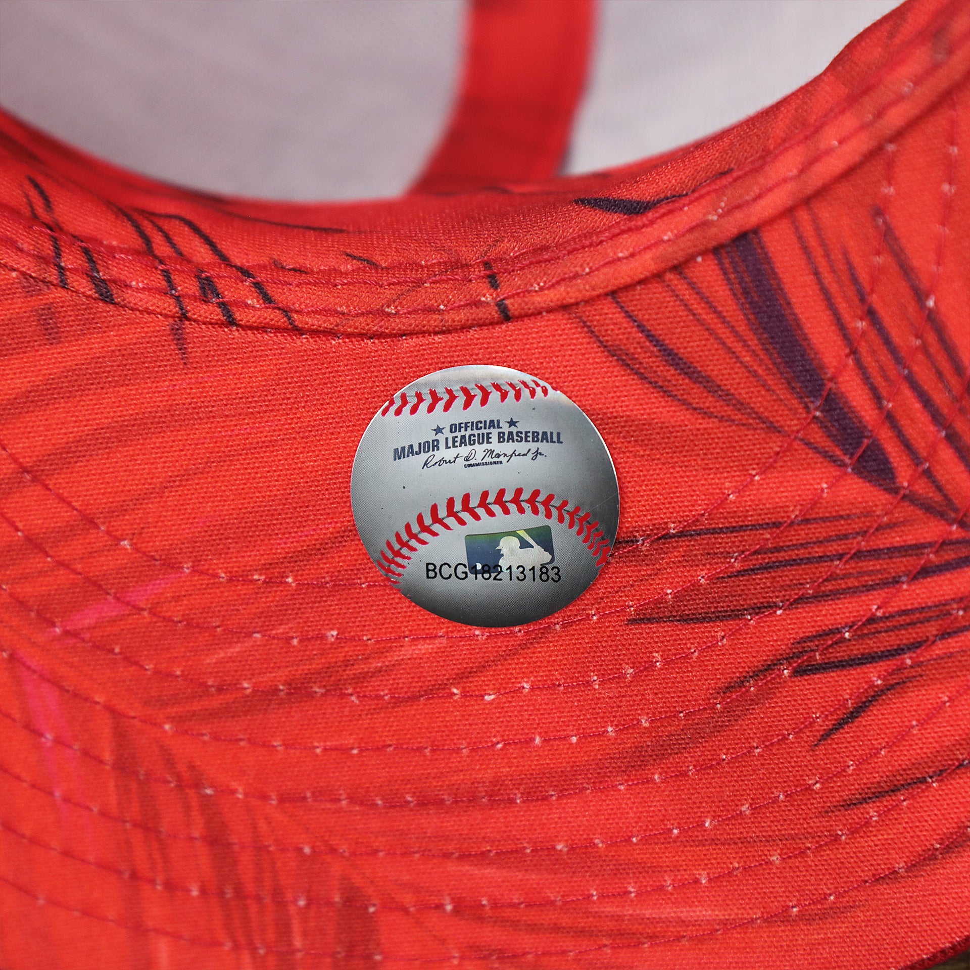 The MLB Baseball Sticker on the Washington Nationals Metallic All Star Game MLB 2022 Side Patch 9Fifty Mesh Snapback | ASG 2022 Red Trucker Hat
