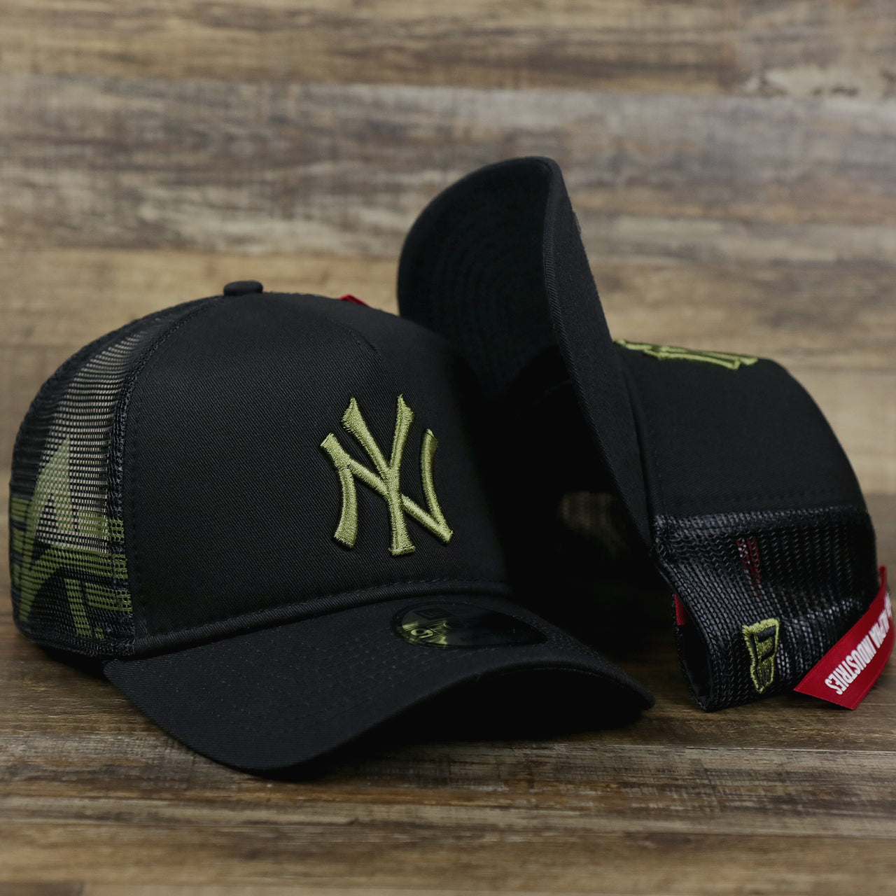 The New York Yankees Alpha Industries Flying A Mesh Print 9Forty Trucker Hat With Flight Tag | Black Trucker Hat