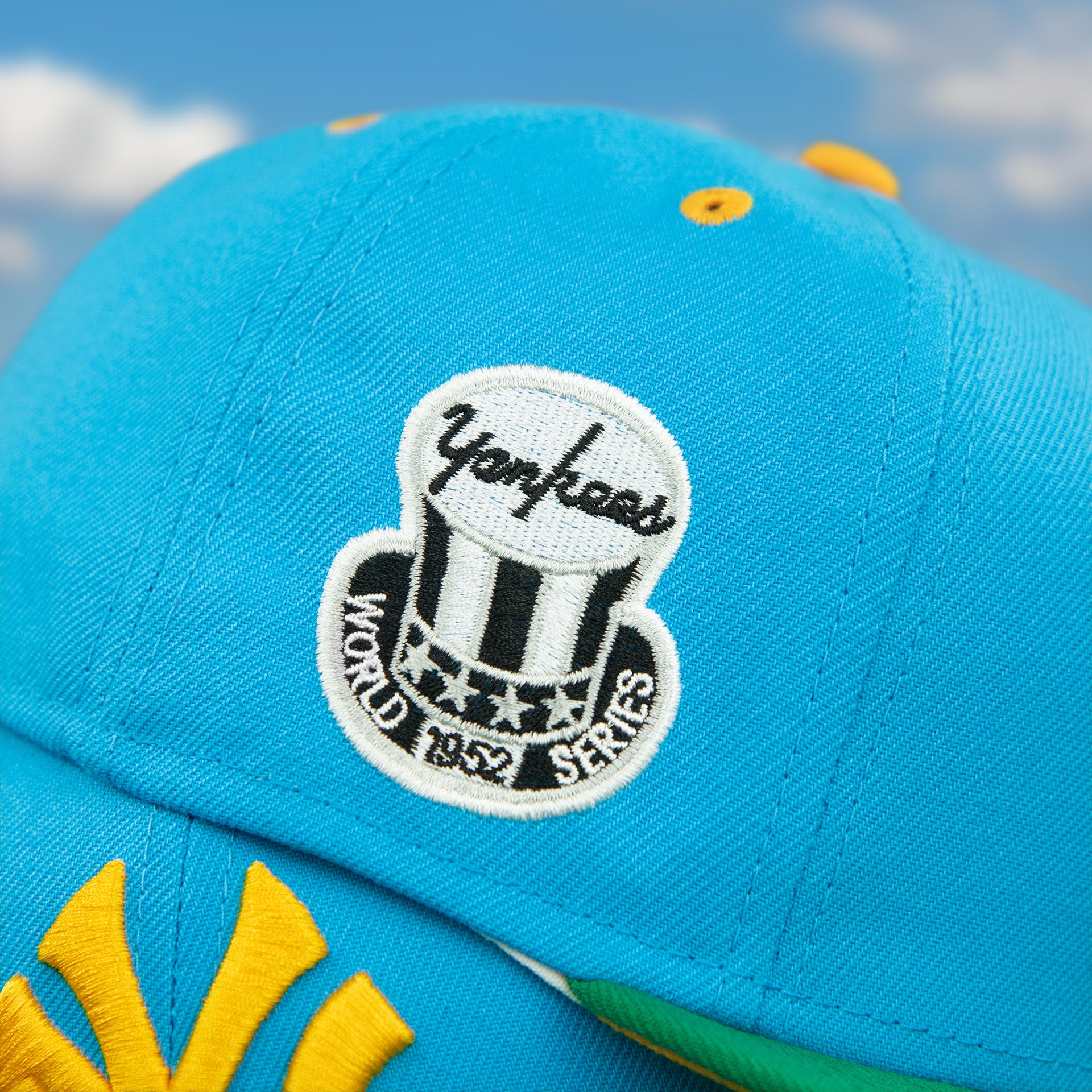 Close up of the 1952 Yankees World Series side patch on the New York Yankees Cooperstown "Ice Cream Pack" 1952 World Series Side Patch 59Fifty Fitted Cap | Cap Swag Exclusive