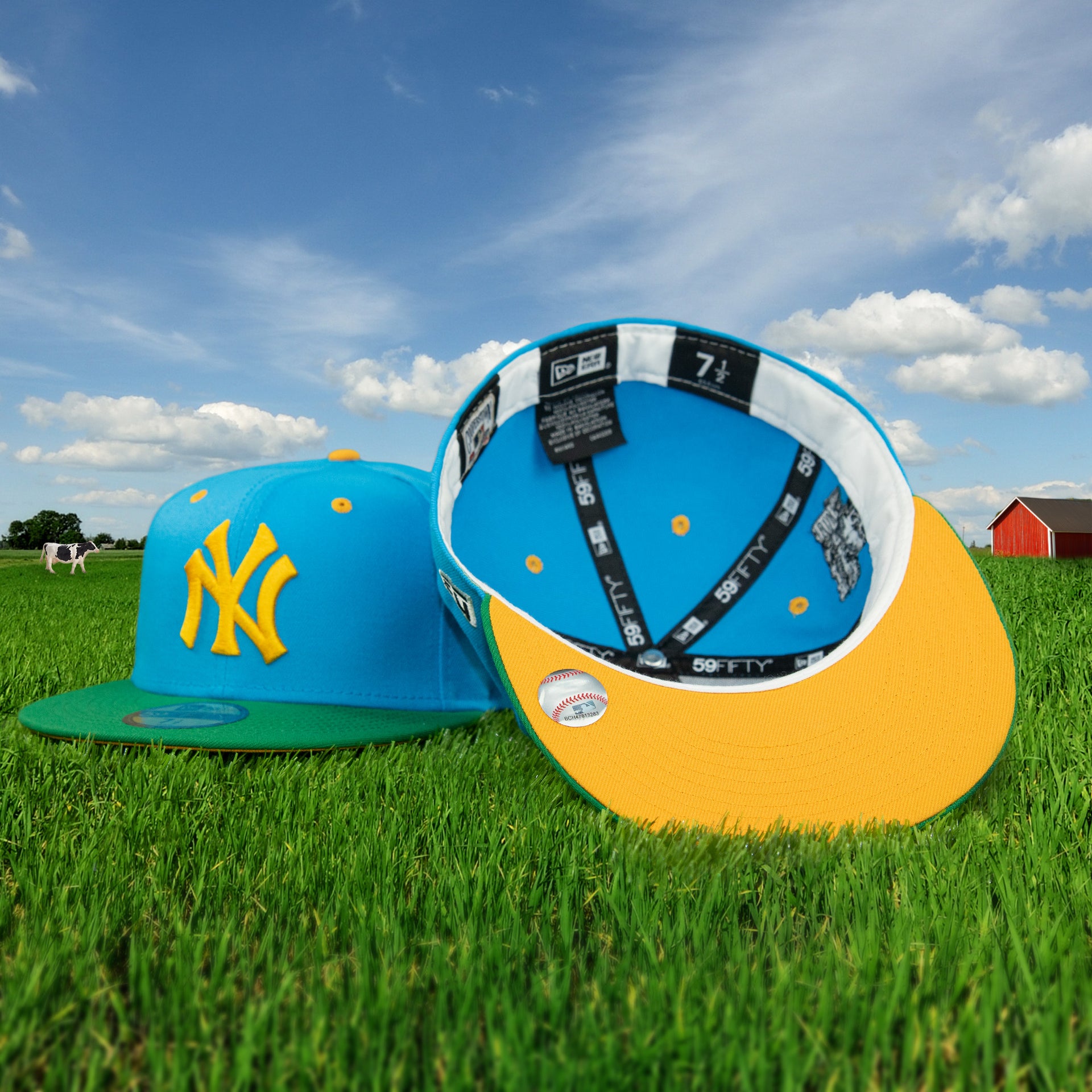 Yellow undervisor and front of the New York Yankees Cooperstown "Ice Cream Pack" 1952 World Series Side Patch 59Fifty Fitted Cap | Cap Swag Exclusive