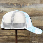 The wearer's right on the Women’s New York Yankees Tie Dye Print Gray Bottom Mesh Trucker Hat | White Mesh Snapback