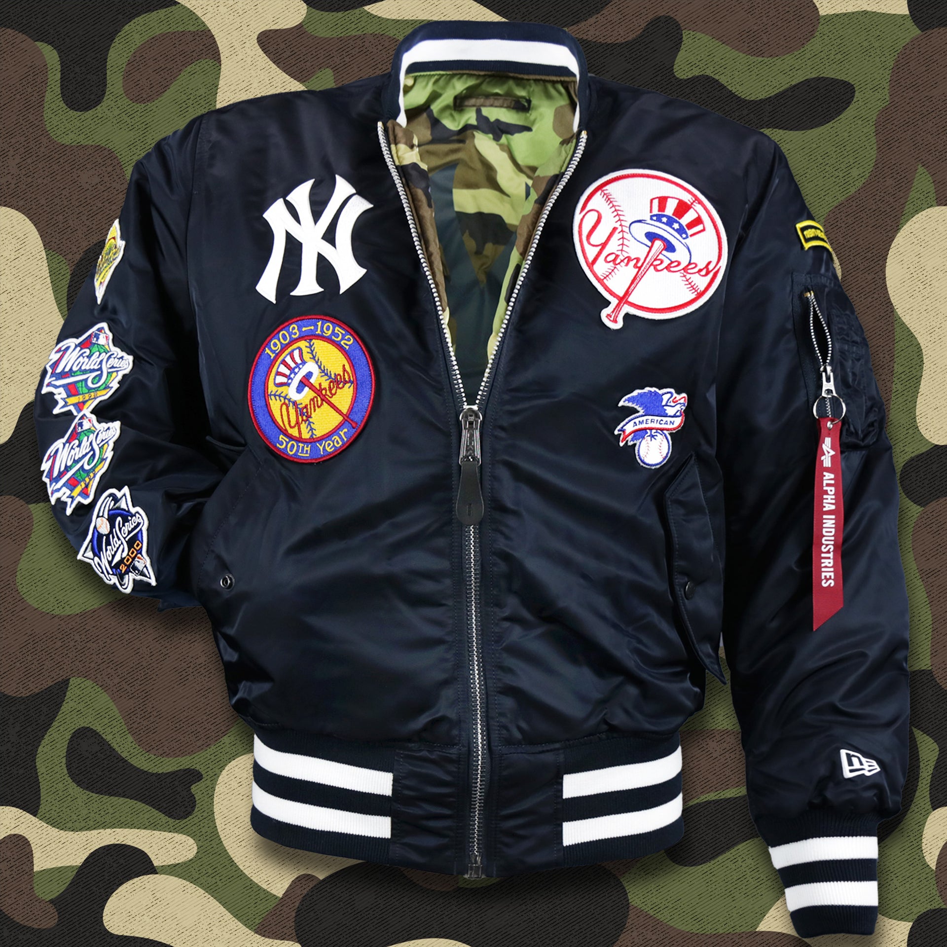 The front of the New York Yankees MLB Patch Alpha Industries Reversible Bomber Jacket With Camo Liner | Navy Blue Bomber Jacket