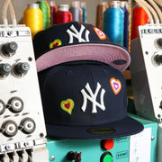 New York Yankees All Over Embroidered Chain Stitch Heart Pink Bottom 59Fifty Fitted Cap | Navy 59Fifty Cap