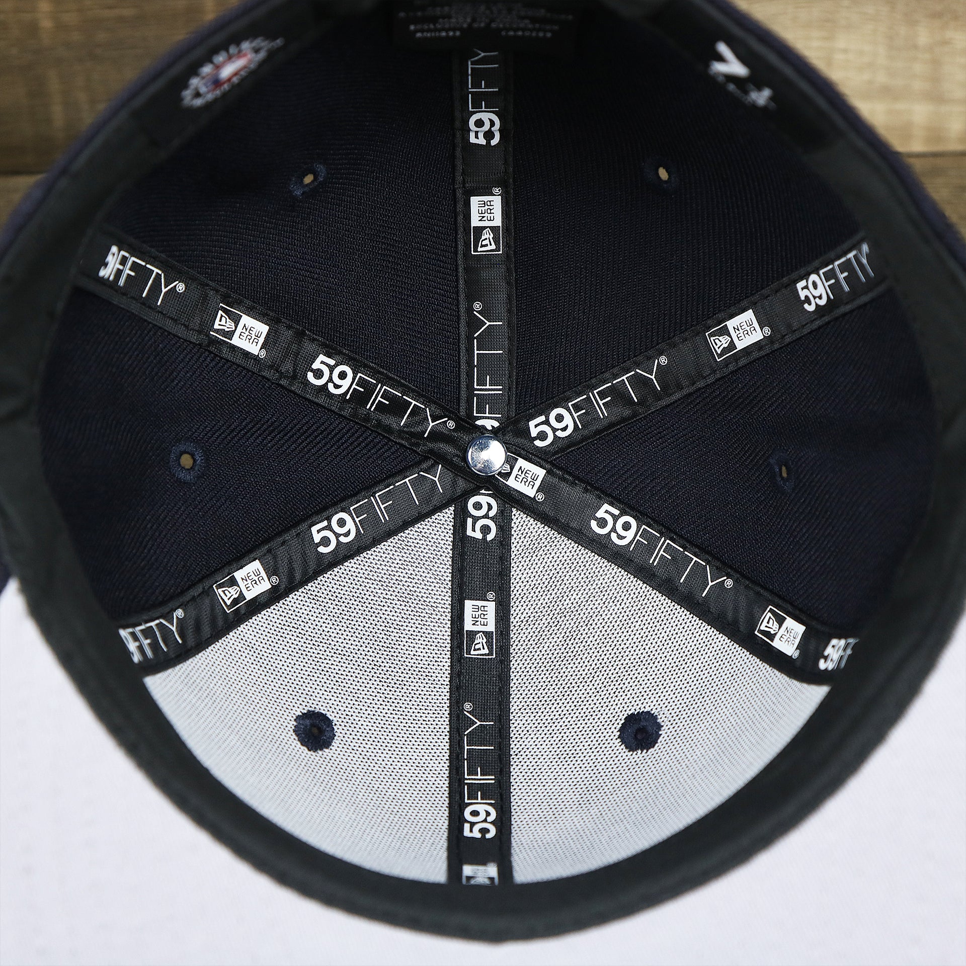 The inside of the New York Yankees Gray Bottom Wool 59Fifty Fitted Cap | Navy Blue 59Fifty Cap