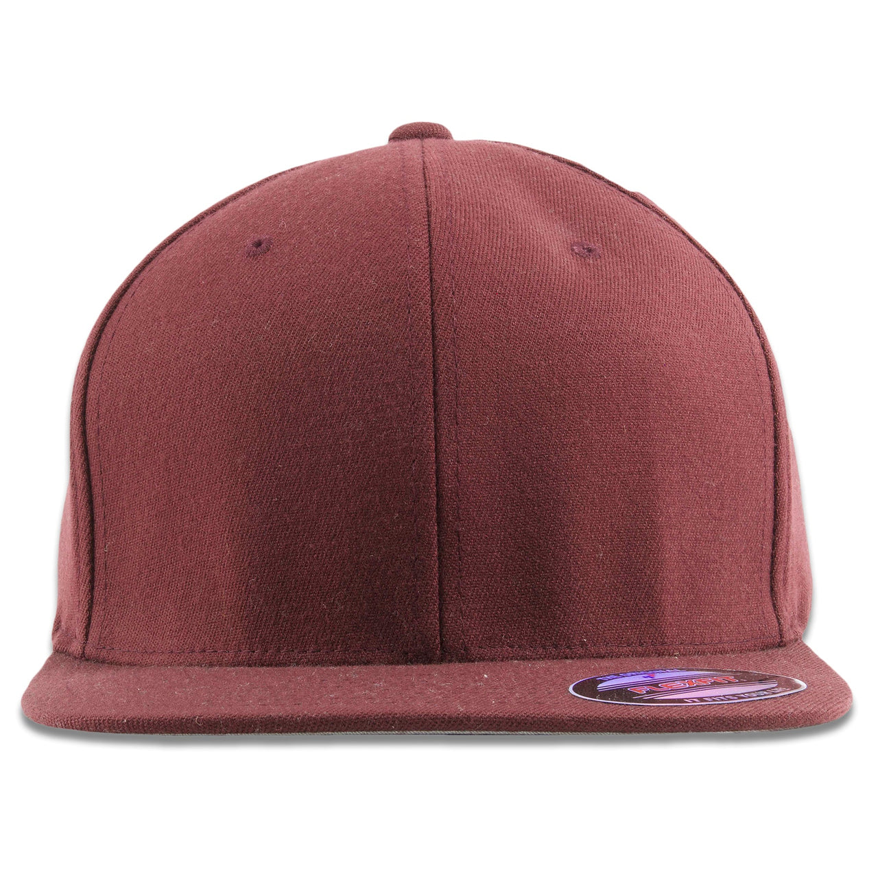 The maroon flat-brim flexfit has a high structured maroon crown and a maroon flat brim