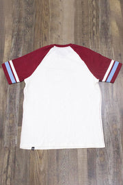 on the back of the Philadelphia Phillies Throwback Vintage 2-Tone T-Shirt | Distressed Phils Logo Cooperstown Collection Heritage Opener Tee are authentic raglan baseball sleeves with light blue stripes