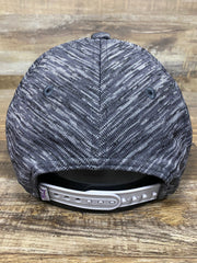 on the back of the Philadelphia 76ers Flyknit Look Space Dye Gray Trucker Dad Hat is cross-dyed gray stripes and an adjustable snap back strap