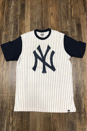 Yankees Vintage T-Shirt | New York Yankees Retro White Short Sleeve | Yankees Throwback White/Navy Pinstriped Shirt front shotYankees Vintage T-Shirt | New York Yankees Retro White Short Sleeve | Yankees Throwback White/Navy Pinstriped Shirt