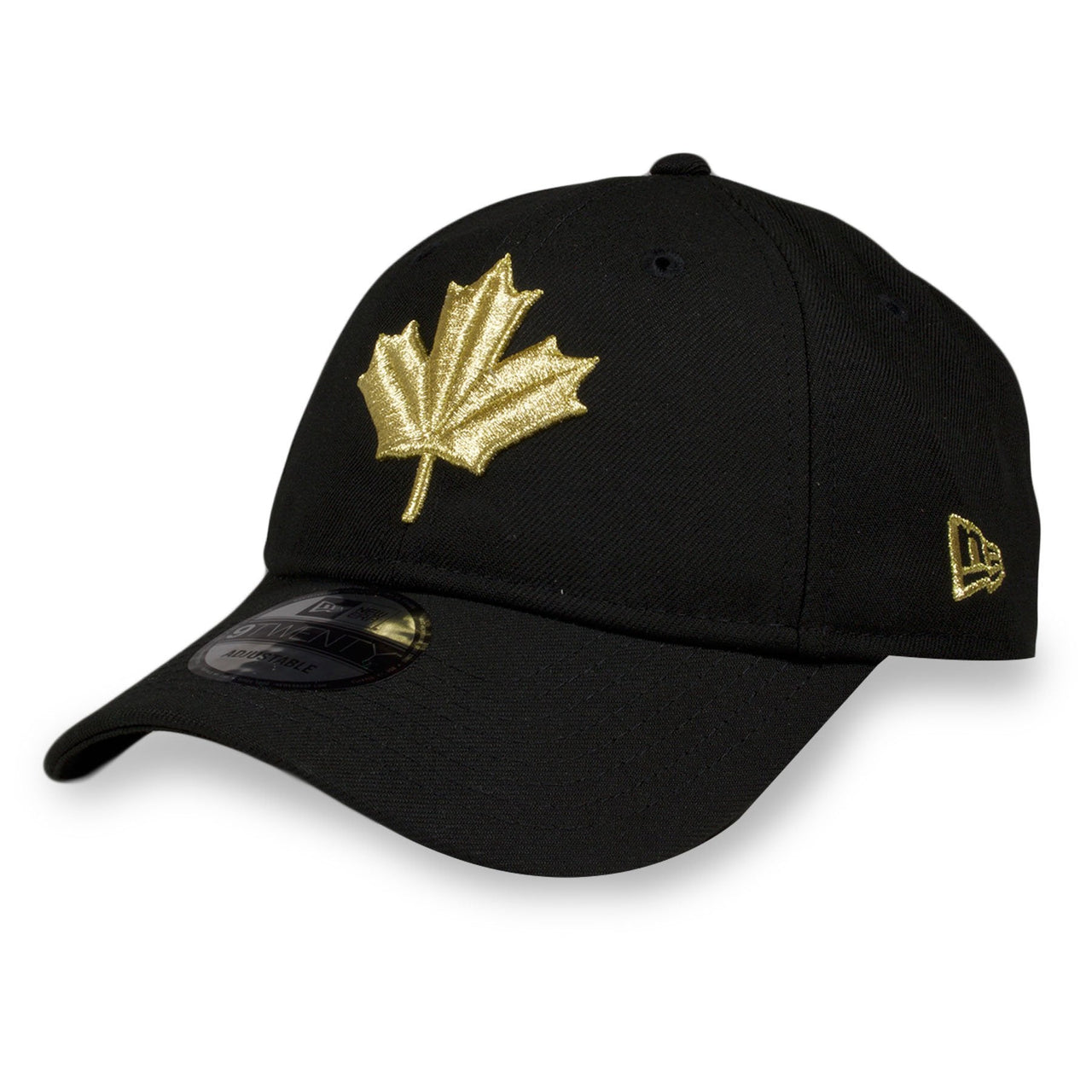 the Toronto Raptors 2019 NBA City Series Black Dad Hat | Metallic Gold Leaf Logo Raptors Baseball Cap has an XL Raptors logo on the front and a gold New Era logo on the side