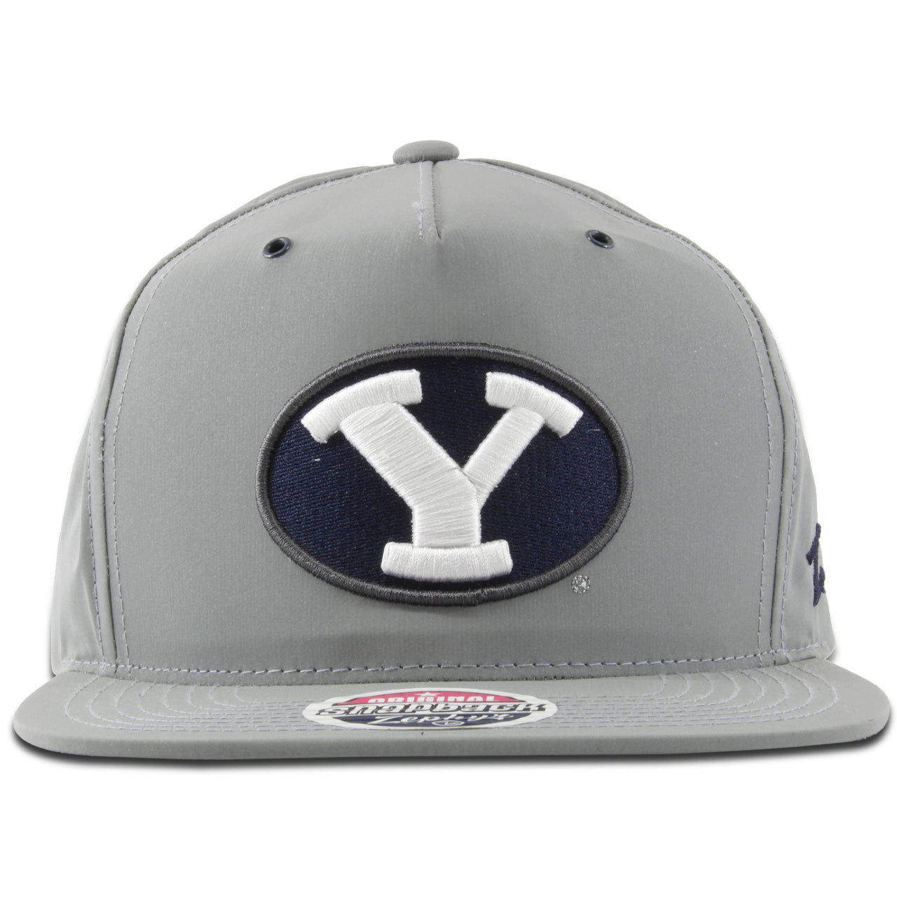 The reflective BYU gray adjustable snapback hat features the BYU logo embroidered on the front in 3D