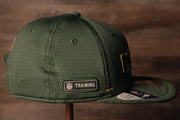 Packers 2020 Training Camp Snapback Hat | Green Bay Packers 2020 On-Field Green Training Camp Snap Cap the wearers right side has the nfl training logo
