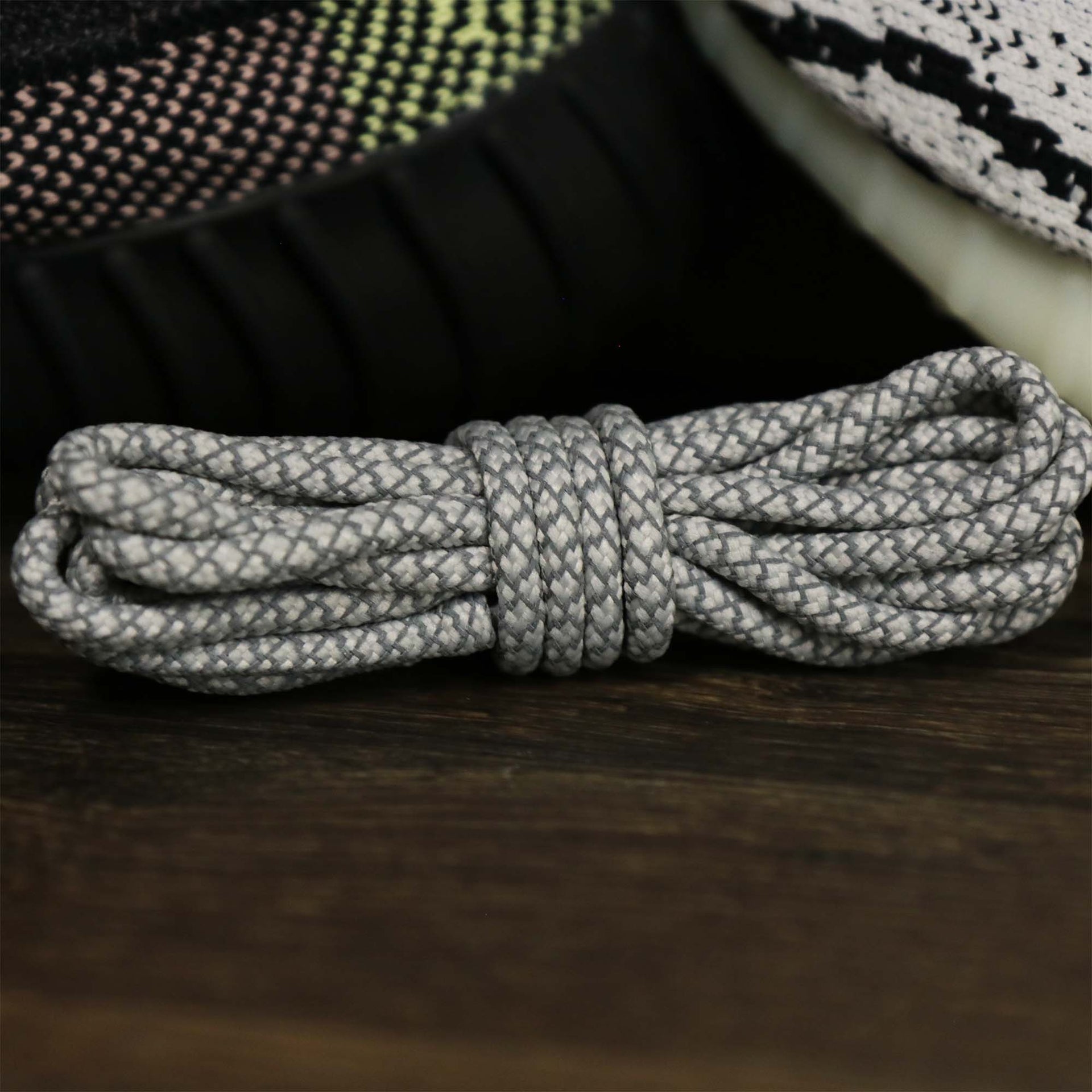 The 3M Reflective White/Gravel Solid Shoelaces with White/Gravel Aglets | 120cm Capswag folded