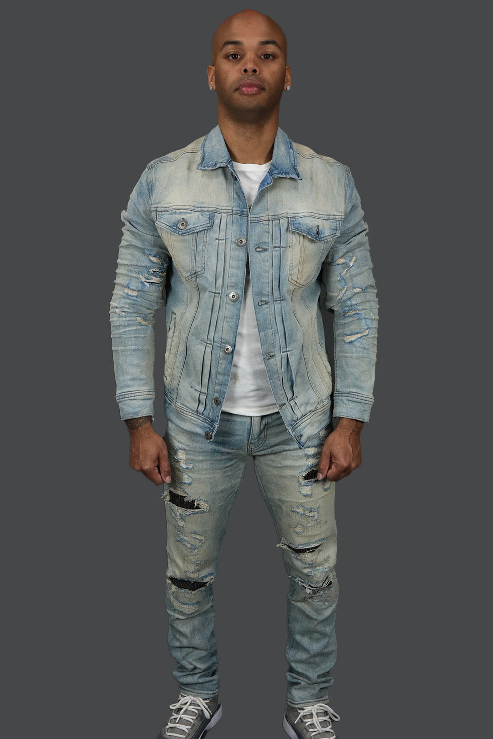 The Iced Lager Distressed Denim Jacket | Jordan Craig with the matching denim pants