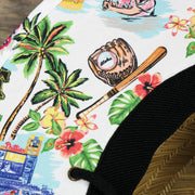A close up of the Hawaiian patterns in the Philadephia Phillies Straw Life Guard Hat Reyn Spooner 