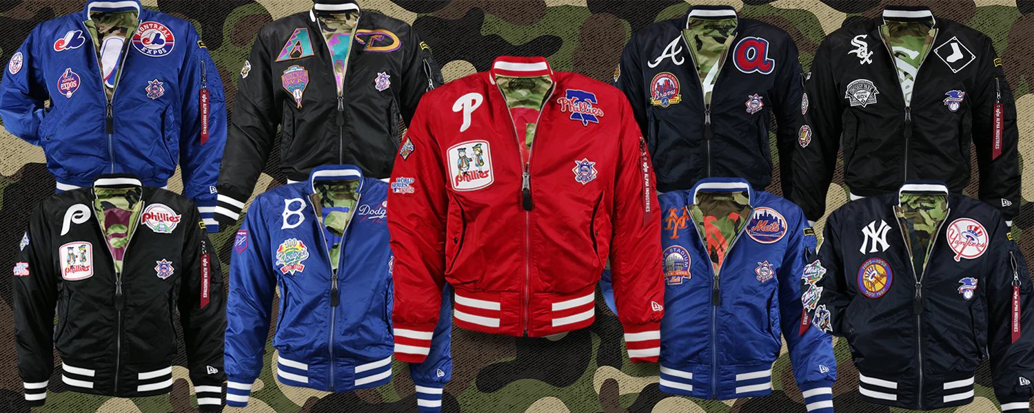 Alpha Industries Reversible Camo Liner MLB Bomber Jackets | New Era X Alpha Industries MLB All Over Patch Double Sided Flight Jacket | MLB Side Patch Reversible Bomber Jackets from Alpha Industries