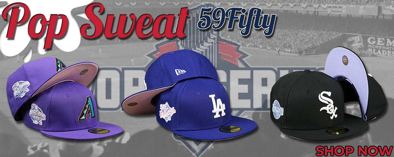 MLB Pop Sweat Pastel Colorway 59Fiftys | 5950 Pop Sweat World Series Side Patch Fitted Cap | NBA Pastel Undervisor Pop Sweat 59Fifty Fitted Cap