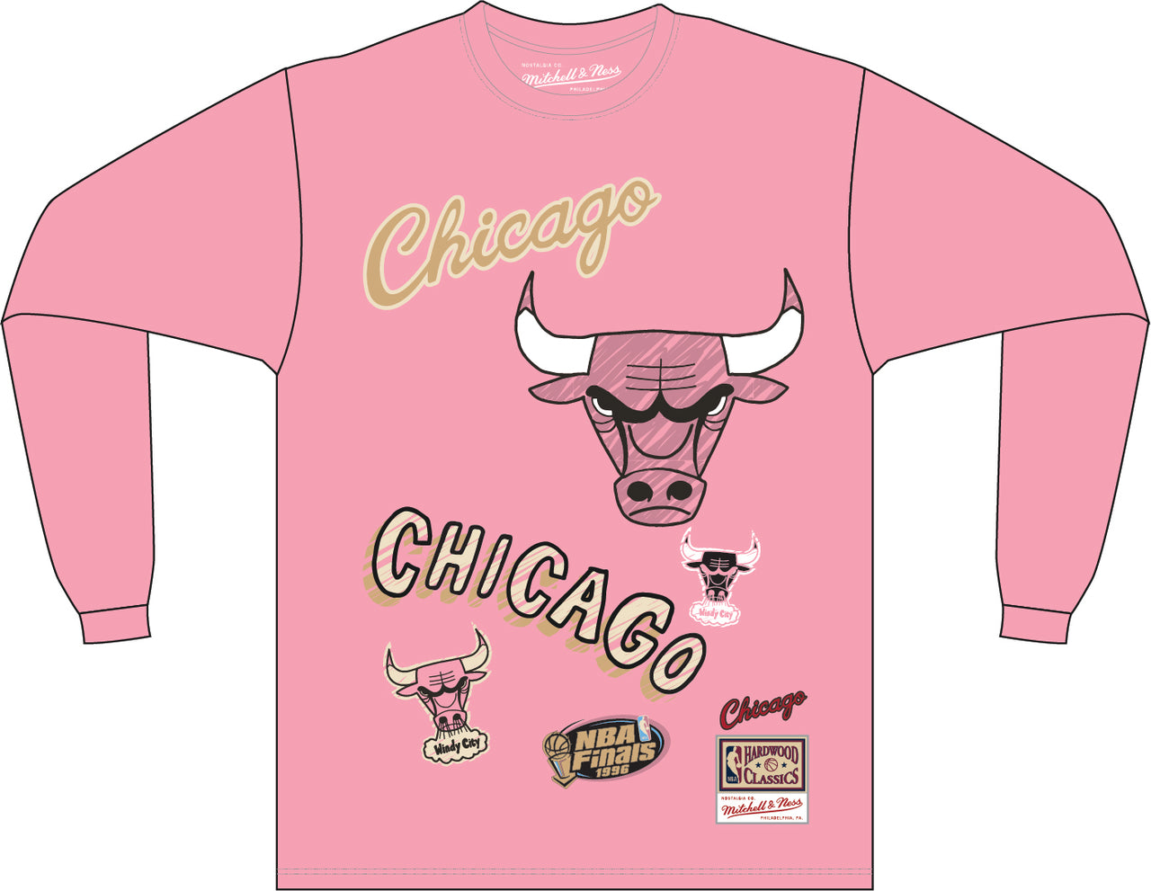 Chicago Bulls Hardwood Classics Sidewalk Sketch | Light Pink Long sleeve T-shirt