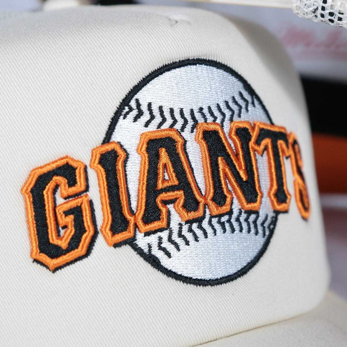 giants logo on the San Francisco Giants Cooperstown Evergreen Pro Orange bottom | Off White Trucker Hat