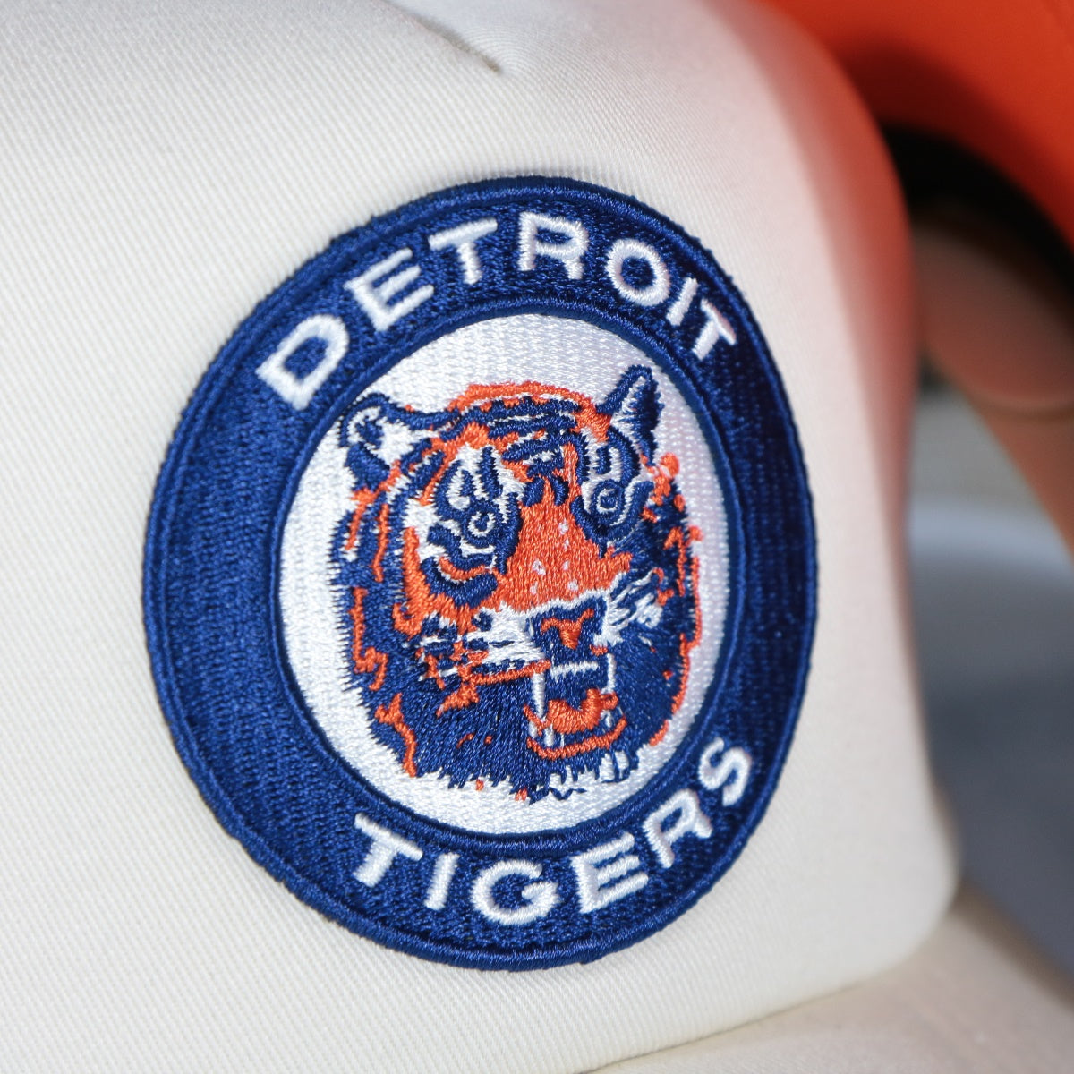 tigers logo on the Detroit Tigers Cooperstown Evergreen Pro Orange bottom | Off White Trucker Hat