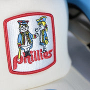 phillies logo on the Philadelphia Phillies Cooperstown Evergreen Pro Sky Blue bottom | Off White Trucker Hat