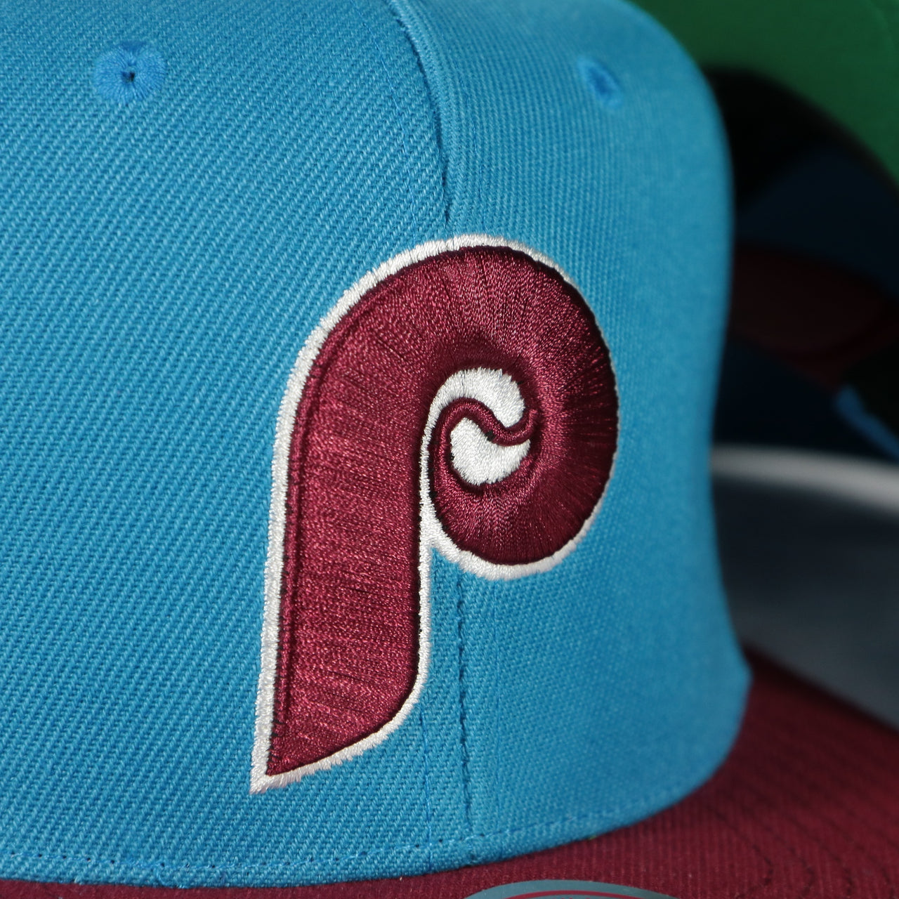 phillies logo on the Philadelphia Phillies Cooperstown "Phillies" script side patch Evergreen Pro Variety Pack | Light Blue/Maroon Snapback Hat