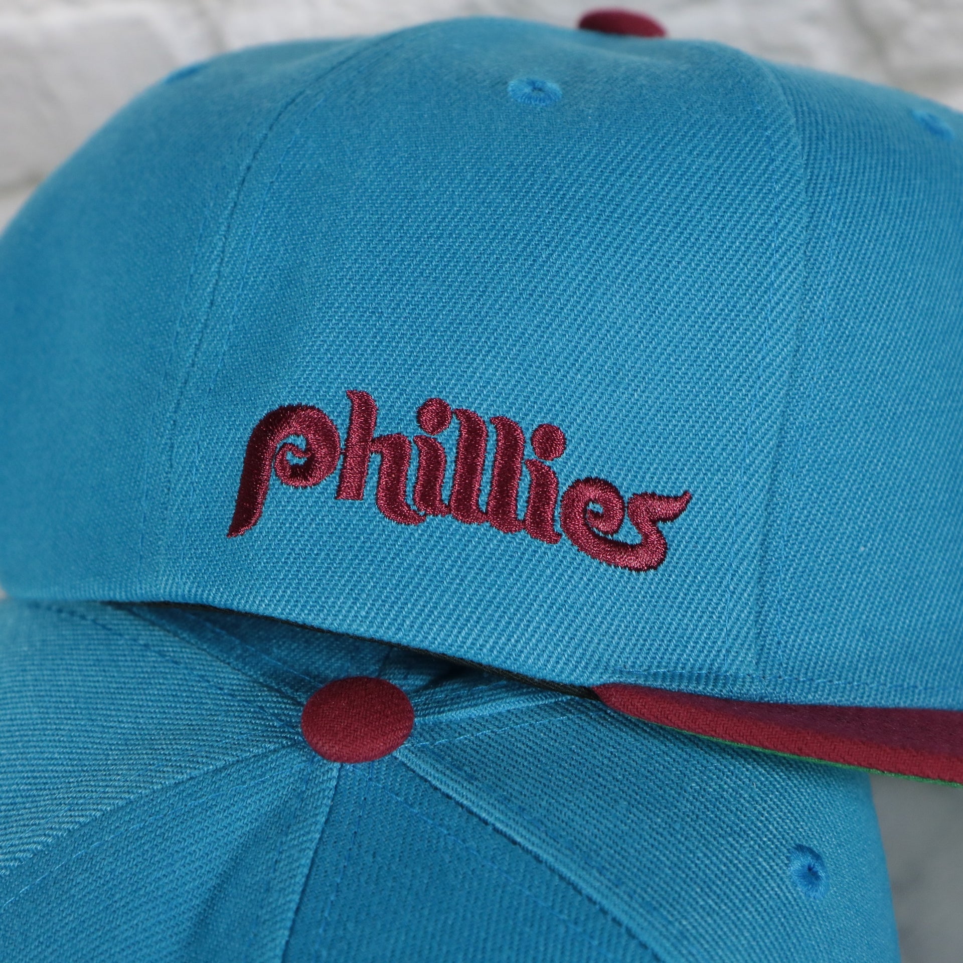 phillies script on the Philadelphia Phillies Cooperstown "Phillies" script side patch Evergreen Pro Variety Pack | Light Blue/Maroon Snapback Hat