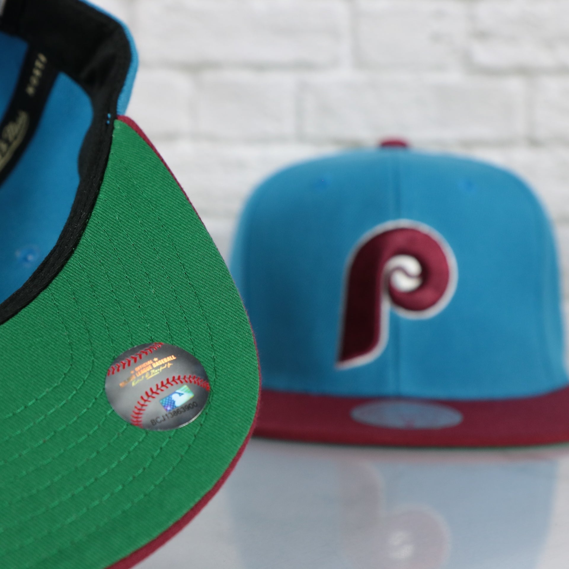 green under visor on the Philadelphia Phillies Cooperstown "Phillies" script side patch Evergreen Pro Variety Pack | Light Blue/Maroon Snapback Hat