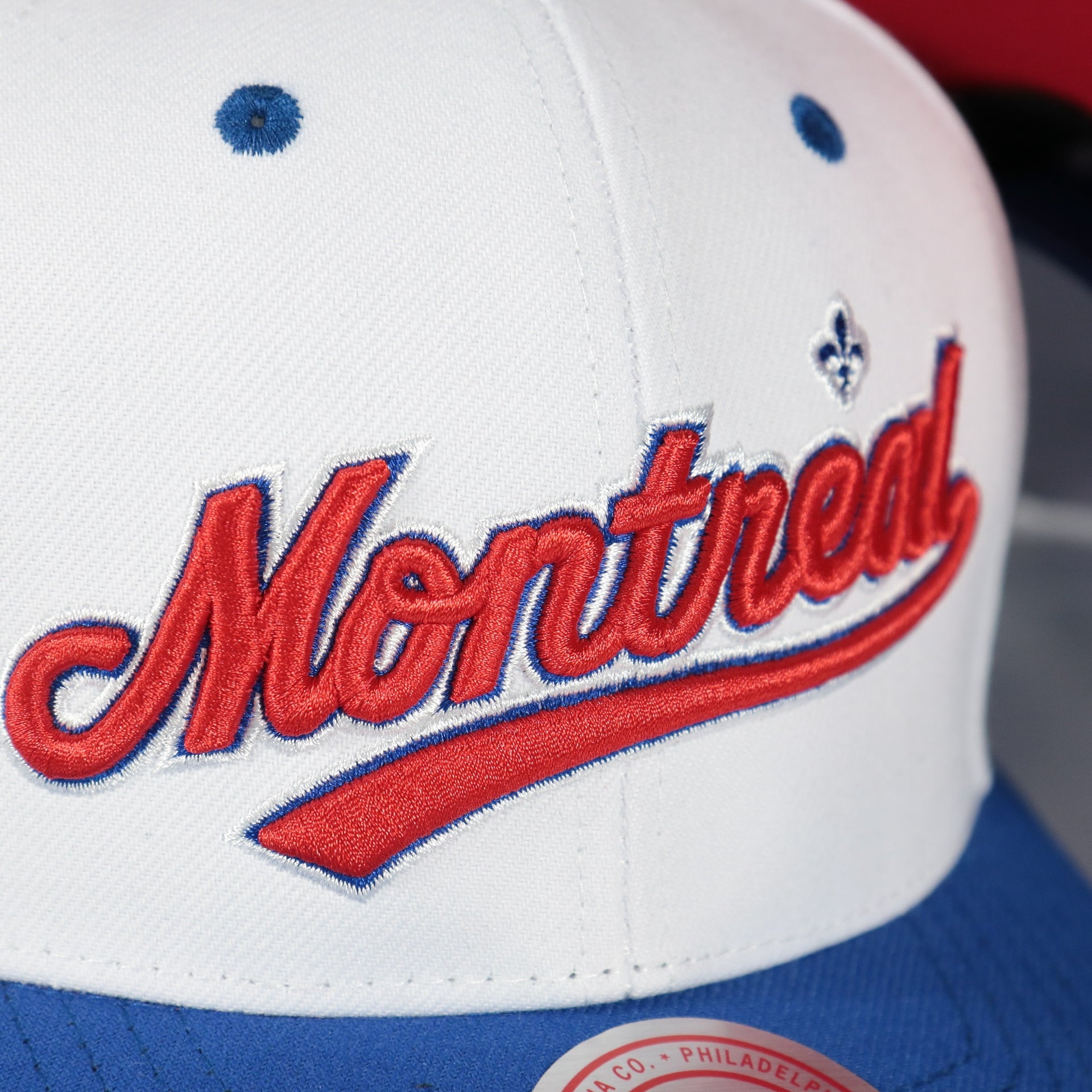 montreal script on the Montreal Expos Cooperstown "Montreal" Jersey Script 1969 Expos logo side patch Evergreen Pro | White/Royal Snapback Hat