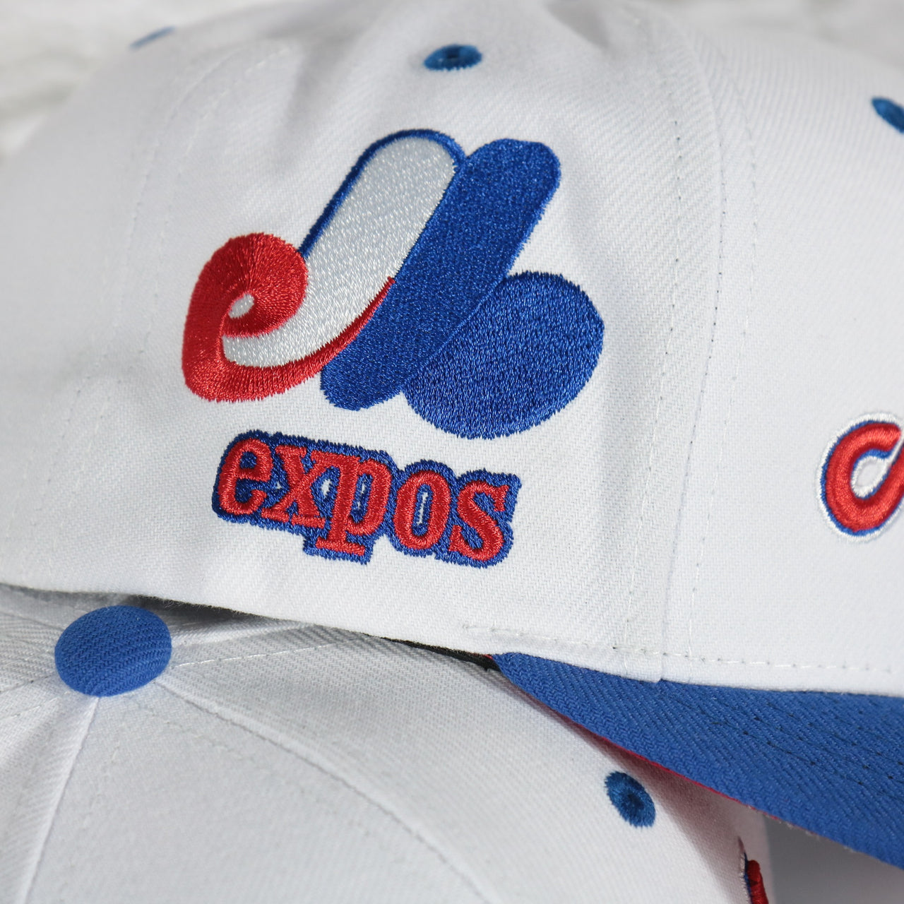 expos logo sidepatch on the Montreal Expos Cooperstown "Montreal" Jersey Script 1969 Expos logo side patch Evergreen Pro | White/Royal Snapback Hat